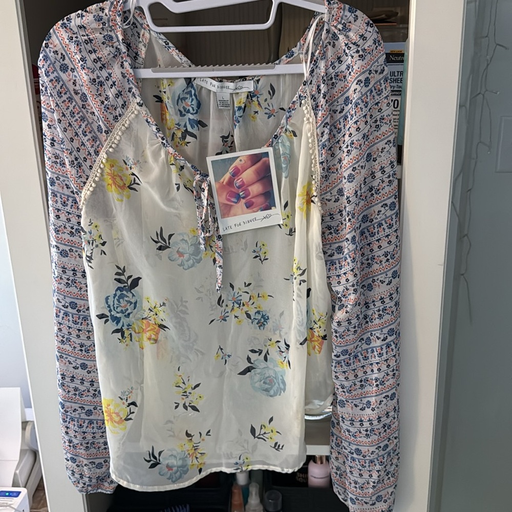 Floral Mix-Print Long Sleeve Blouse - Yellow & Blue - Picture 5 of 5